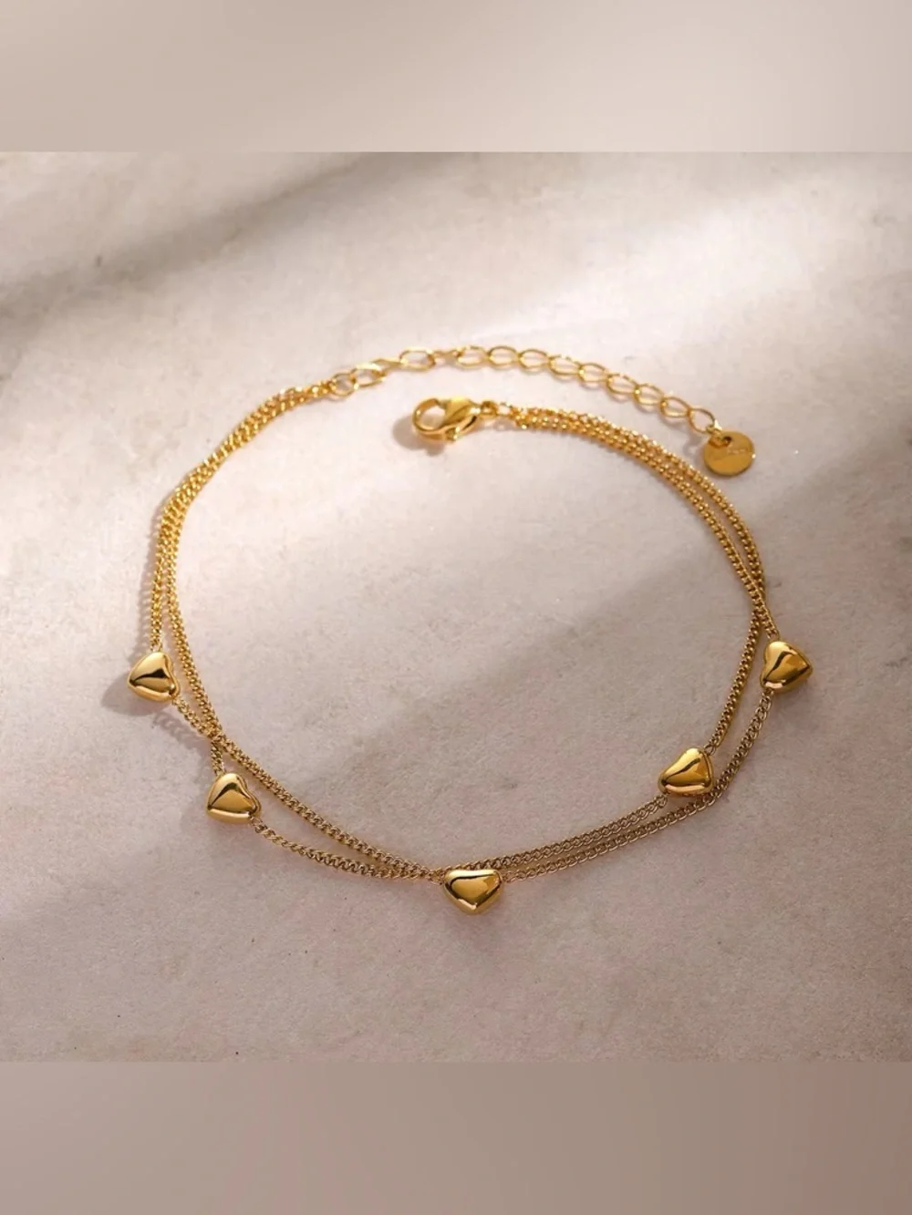 18K Gold Plated Double Layer Heart Charm Anklet - Picture 5 of 7